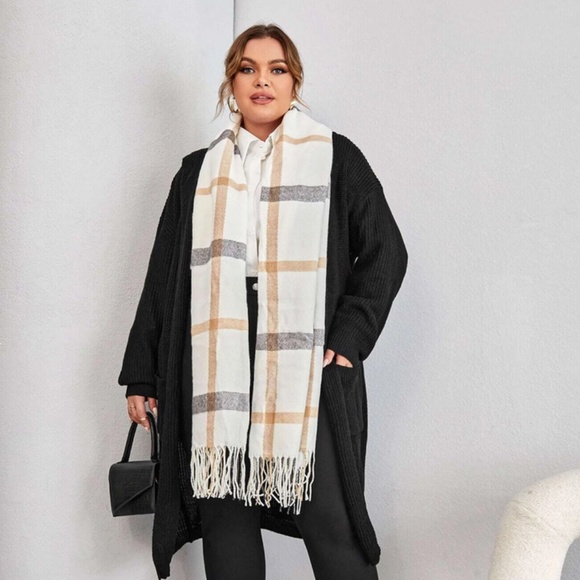 Plaid Knit Wide Scarf White Beige Tan Cream Grey Grid Checkered Tassel Fringe - Picture 3 of 9